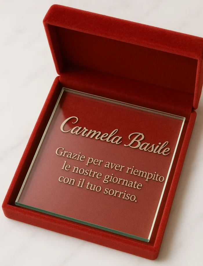 Targa in vetro personalizzata per pensionamento una signora. Elegante creazione Merini SNC con cofanetto rosso. Scopri di più.